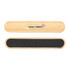 A bamboo nail file with a smooth side and a textured side, featuring a logo and a light natural wood colour.