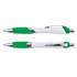 A plastic pen with a white barrel and green rubber grip and accents. The pen features a chrome clip and tip.
