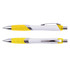 A set of plastic pens in white and yellow, featuring a shiny chrome trim and a clip on the side.