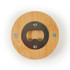 A drink bottle opener coaster made of bamboo, featuring a metal opener in the center and silver screws.