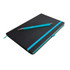 A black notebook with a turquoise elastic band, accompanied by a matching turquoise pen. The notebook has a clasp.