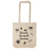 A beige tote bag with a long handle featuring palm trees and playful icons, showcasing a logo.