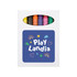 A short handle calico bag featuring a colorful "Play Landia" design, accompanied by a set of crayons in various colors.