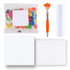 A collection of items including colorful jelly beans, an orange pen, a white lip balm tube, a white pouch, and a cleaning cloth.