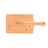 A bamboo serving board featuring a handle, with a logo printed on the surface.