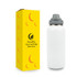 A drink bottle in white stainless steel with a grey screw-top lid, displayed alongside a brightly coloured box with a logo.