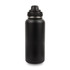 A drink bottle made of stainless steel with a matte black finish and a screw-top lid. It features a logo on the body.