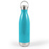 A drink bottle in a vibrant turquoise color with a stainless steel bottom and a metal hanger lid.