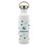 A drink bottle in white featuring a green logo and star pattern, topped with a wooden cap and metal handle.
