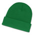 A green beanie with a folded cuff, designed for warmth and style.
