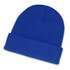 A blue beanie with a folded cuff, designed for warmth and style.