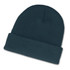 A beanie in a dark teal color featuring a rolled cuff design.