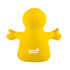 A yellow stress reliever in the shape of a smiling figure with outstretched arms, branded with the logo "Floral Whimsy."