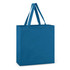 A blue cotton tote bag with two sturdy handles and a simple design. It features a branding logo.