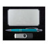A silver gift box containing a teal pen and a dark gray USB drive.