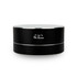 A black espresso coffee cup with a glossy finish and a silver band, featuring a logo.