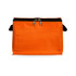 An orange zippered pouch with a front pocket and dual zippers, made of durable fabric.