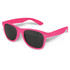 Pink sunglasses with dark lenses, featuring a logo on the side.