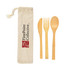 A bamboo cutlery set in a calico pouch, featuring a knife, fork, and spoon. The pouch has a logo.