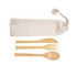 Bamboo cutlery set in a natural calico pouch, featuring a knife, fork, and spoon. Ideal for eco-friendly dining.