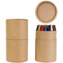A cylindrical container with a lid holds a variety of colorful crayons in red, blue, yellow, and more.
