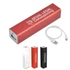 A red power bank with a USB cable, featuring a logo, alongside white, orange, and black variants.
