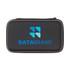 A black zippered case featuring a blue and light blue logo, designed for storing gadgets or accessories.