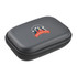 A grey zippered hard case with a logo on the front, designed for carrying small items or technology.