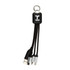 A black charging cable with three connectors and a keyring attachment, featuring a logo.