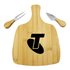 A bamboo cheeseboard with a black logo, accompanied by two wood-handled cheese knives.