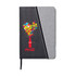 A notebook with a black and grey cover featuring a colourful heart design and a logo, complete with a ribbon marker.