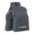 A grey picnic backpack with white accents, featuring multiple compartments and a logo.