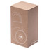 A tan cardboard box containing a black wireless outdoor speaker, featuring a logo and a modern design.