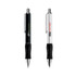 Two steel retractable pens displayed, one black with a green detail and one silver with a red detail, featuring grips.
