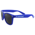 A pair of blue sunglasses with dark lenses and a branding logo on the side.