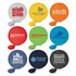 A set of nine colorful flying discs, each featuring a different logo or design, arranged in a grid layout.