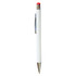 A stylus pen in white with a red top and silver accents, featuring a clip and a logo.