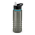 A drink bottle in clear grey plastic with a black lid and transparent straw. Features a logo on the front.