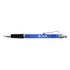 A blue plastic pen with a black grip and chrome accents, featuring a clip and a logo.