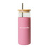 A drink bottle with a pink plastic exterior, clear glass inner, and wooden lid, featuring a logo on the front.