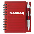 A red notepad with spiral binding and a matching pen, featuring a logo on the front cover.
