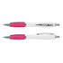 A white barrel pen with a pink grip and chrome accents, featuring a clip and a logo.