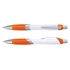 A white plastic pen with orange accents and a silver clip. It features a textured grip for comfort.