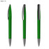 A green plastic pen with a metallic clip, featuring a transparent barrel. The pen is shown from three angles.