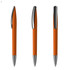 An orange plastic pen with a chrome clip, shown from multiple angles. It features a smooth, sleek design.