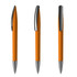 An orange plastic pen with a glossy silver clip and tip, displayed from three angles.