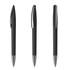 Three black plastic pens with chrome accents, featuring a sleek, modern design. Each pen has a clip and rounded end.