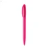 A pink plastic pen with a rounded cap and a sleek design, featuring a logo.