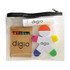 A clear pencil case containing coloured markers, a glue stick, and a multi-coloured character figure, all featuring a logo.