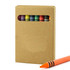 A pencil case in brown packaging with a window showing assorted crayons in various colours, plus an orange crayon.